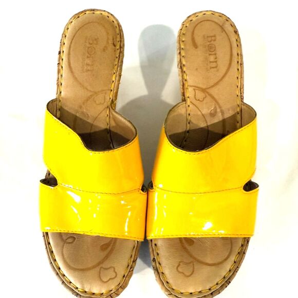 Born Zefira Size 8 Yellow Patent Leather Cork Slide Platform Boho Wedge - Picture 10 of 10